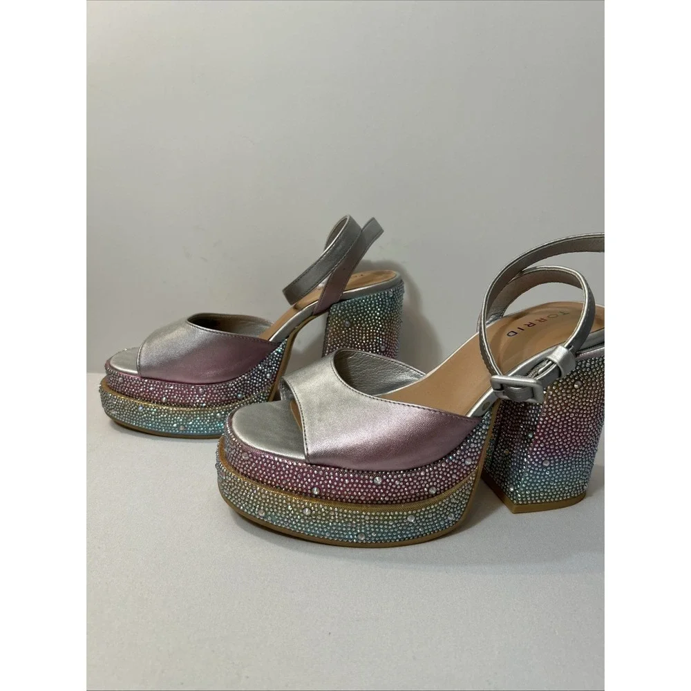 Torrid Rainbow Double Platform Heel Sandal 9 Pride Pastel Rhinestone Holographic